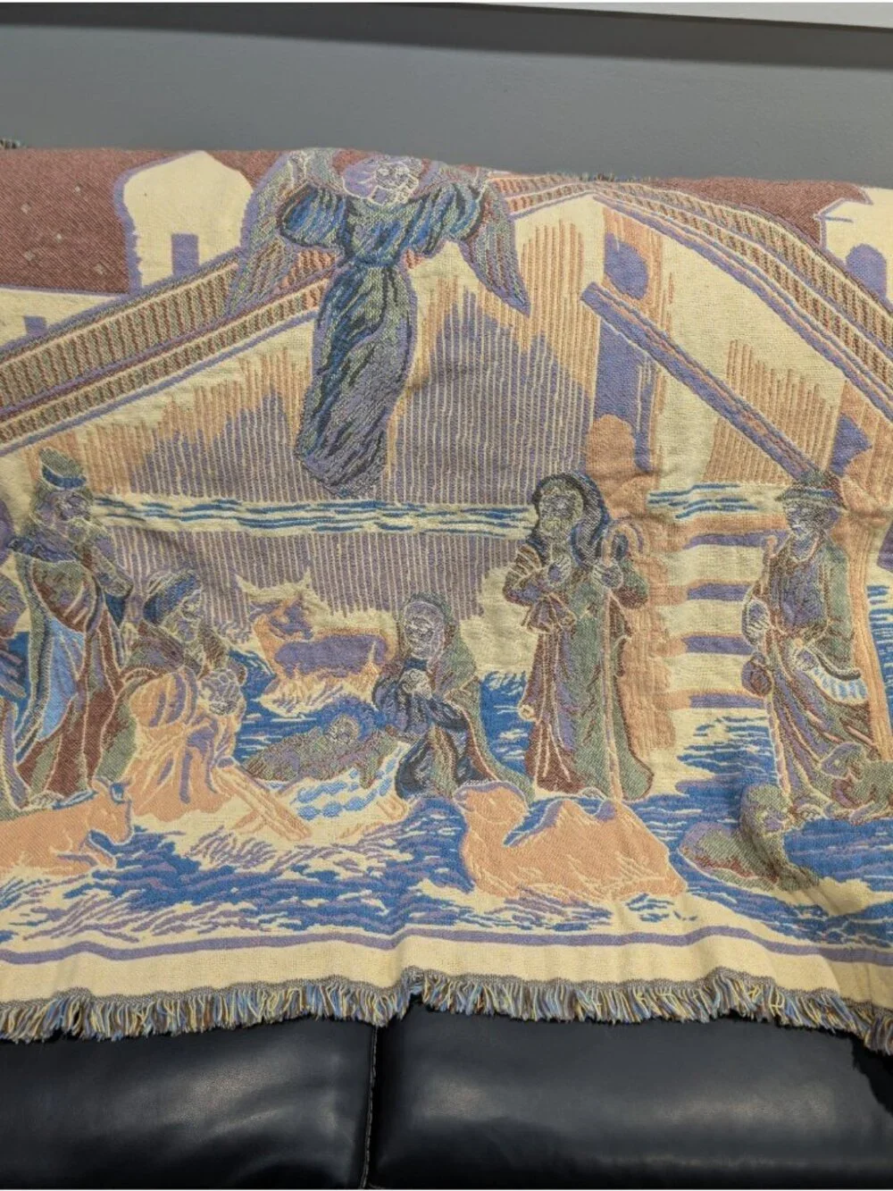 Goodwin Weavers Tapestry Throw Blanket Fringe Trim Nativity 46” X 55” Vintage